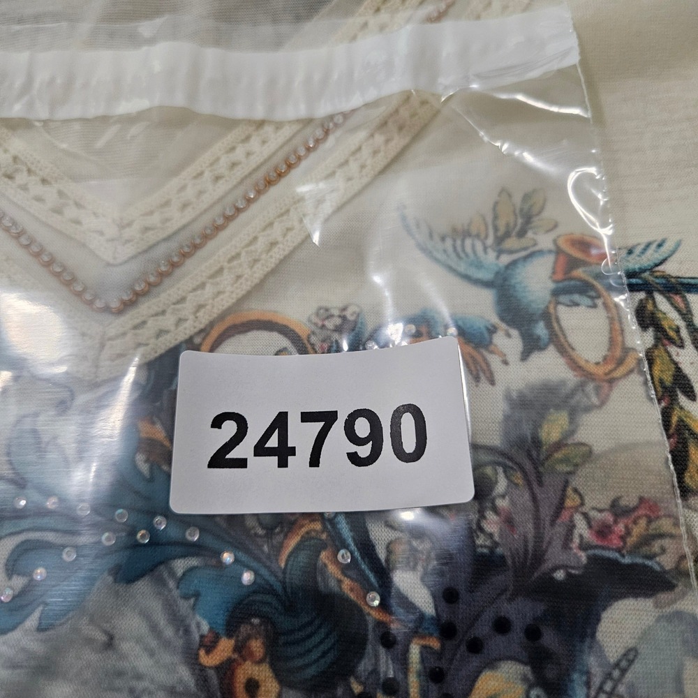 Alberto Makali Womens Ivory Floral Rhinestone V-Neck Cap Sleeve Top Size L - Picture 8 of 9